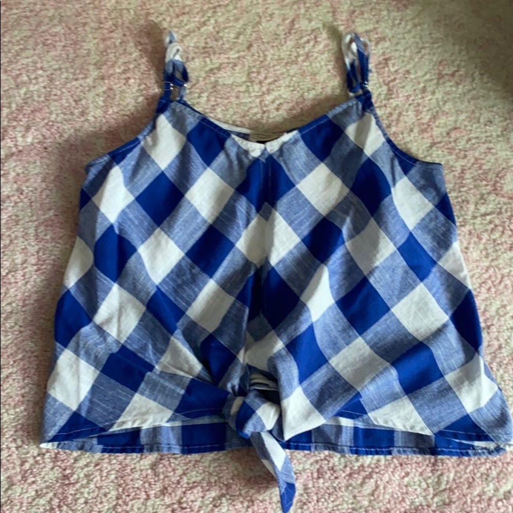 Blue Checkered Knotted Cropped Tank